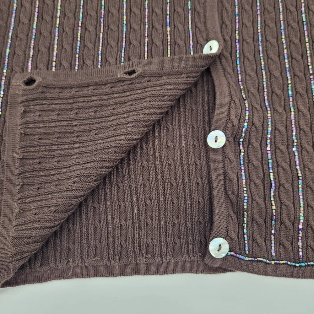 Zelda Womens Small Brown Beaded Cable Knit Cardigan Sweater Rayon Cotton Blend - Picture 8 of 12